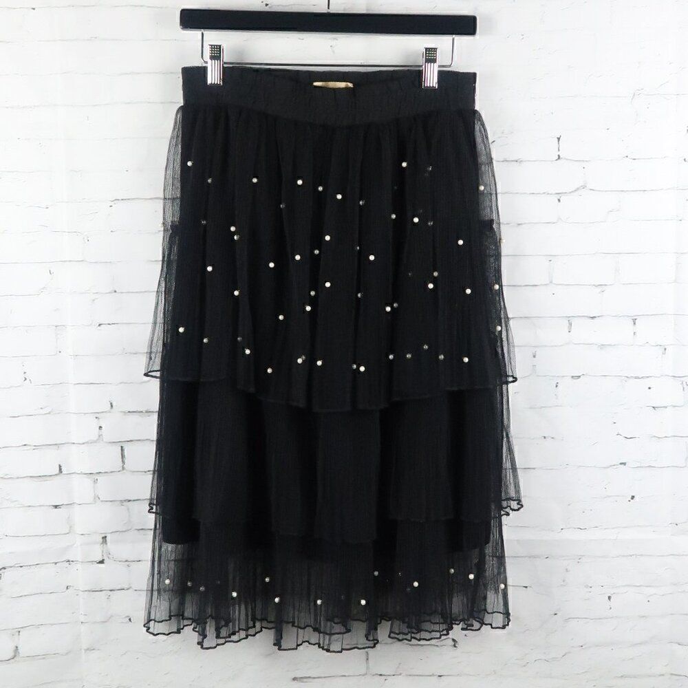 METROWEAR BLACK LAYERED TIERED MIDI SKIRT WITH PEARL ACCENTS SIZE SMALL